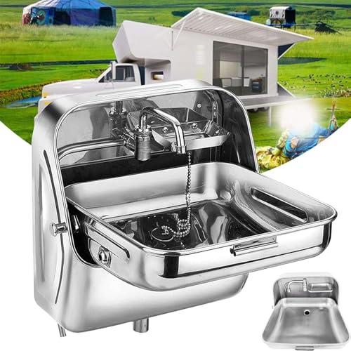 UMJIGF RV Wall-Mounted Sink,Rv Sink Kitchen Folding Sink with Cold Water Faucet,Multi Function Stainless Steel Hand Wash Basin Sinks Wall Mounted Rv Camper Kitchen Sink,for Car,Silver