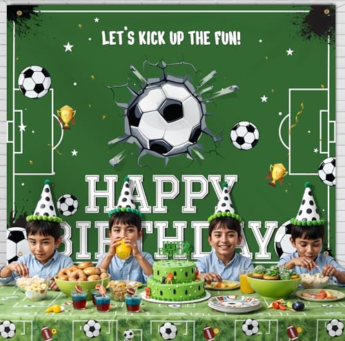 Image of Party Propz Football Theme Birthday Decoration Backdrop (5x4 ft) 2 Pcs- Soccer Theme Happy Birthday Backdrop Banner Cloth with Ribbon, HBD Decoration for Boys