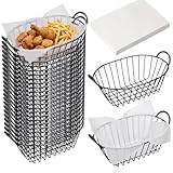 Teecyhooo 24 Pack Wire Bread Basket Set With 100 Food Blotting Sheets 7.3 x 4.6 x 3.4 Inch Oval Metal Fast Food Baskets For Bread, Fruit, Sandwich, Fried Chicken, French Fries, Potato Chips(Black)