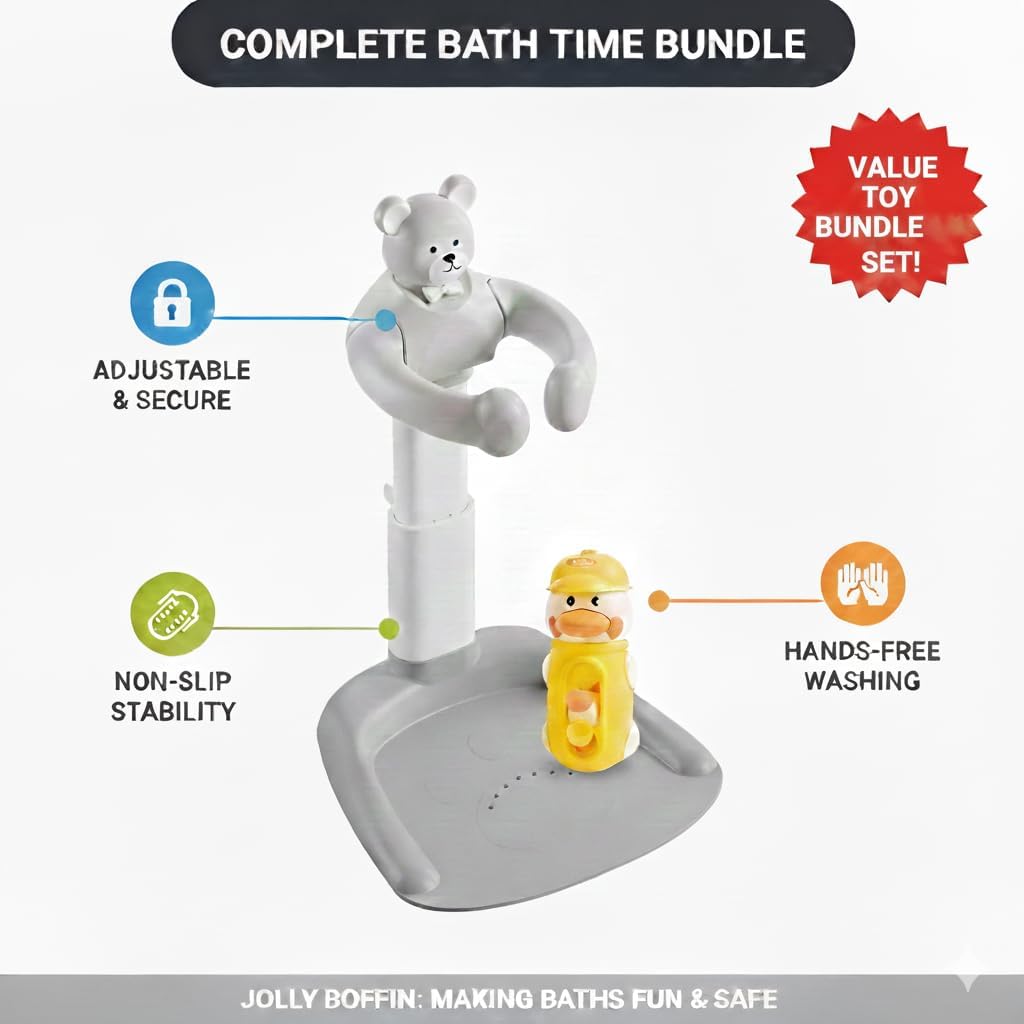 2-in-1 Adjustable Infant Baby Bath Support Set with Bear Design & Toy Duck | Joyful Bath Time Bundle for Infants & Toddlers | Portable Non-Slip Station (for 6-48 Months) Grey