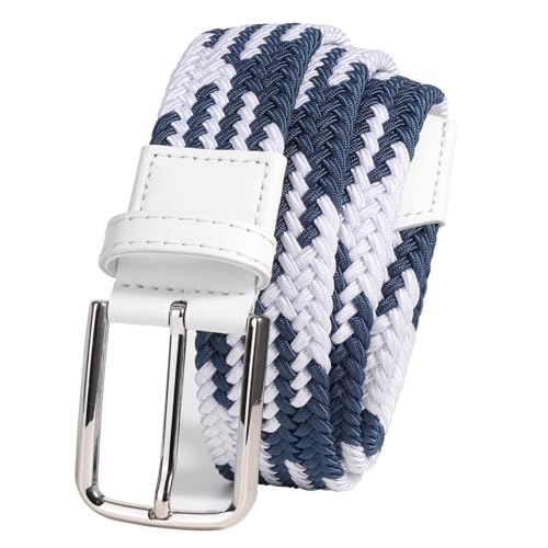 QAZSE Cinturones elásticos de golf para hombres y mujeres, cinturón elástico tejido de 3,5 cm de ancho, Blanco Azul, M-Fit Waist 40"-44" (Length:49")