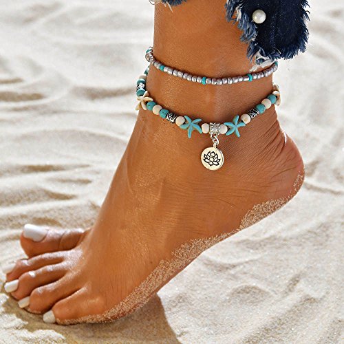 Image of Softones Blue Starfish Turtle Anklet Multilayer Charm Beads Sea Handmade Boho Anklet Foot Jewelry for Women