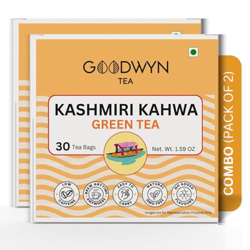 Goodwyn Kashmiri Kahwa Green Tea, 60 Tea Bags | Saffron, Almonds & Spices | Natural Low Caffeine Blend | Plastic Free Bags