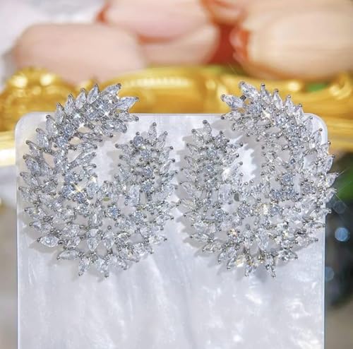Elegant Sparkling Silver Color Large Stud Statement Earrings, With Cubic Zirconia Stone, Perfect for Weddings, Engagements, and Formal Events, Formal Occasion For Women. by Generic - Used condition - Image 2