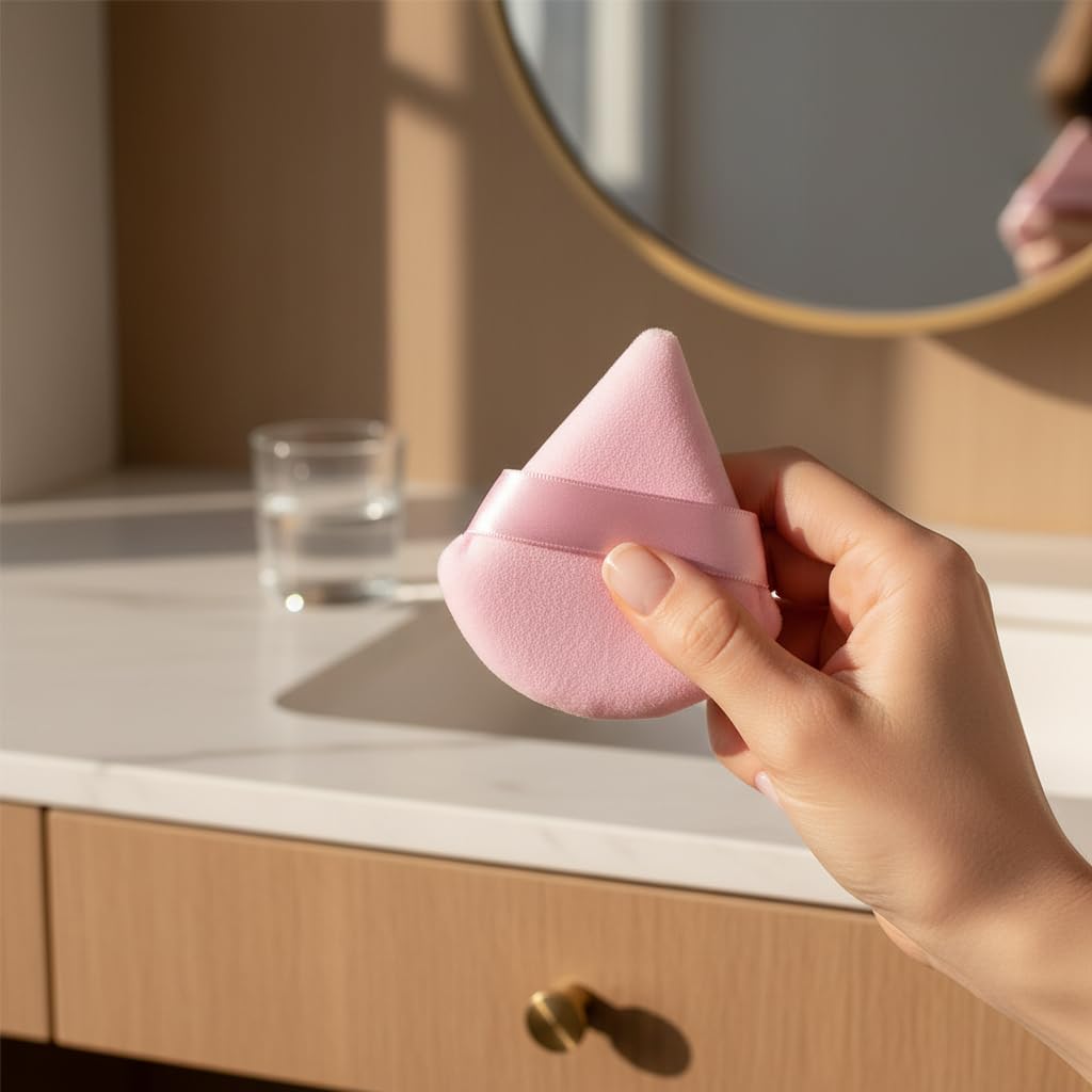 Velvet Triangle Powder Puff, Pink, Makeup Blender and Sponge, 3 Pack
