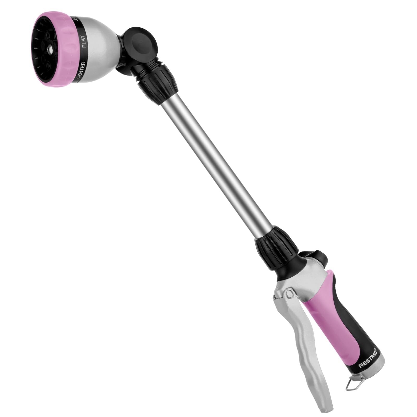 RESTMO Metal Watering Wand, Heavy Duty Garden Hose Wand with 180° Swivel Ratcheting Head, 16'' Hose Nozzle Sprayer with 7 Spray Patterns and Flow Control, for Water Hanging Baskets and Shrubs, Pink