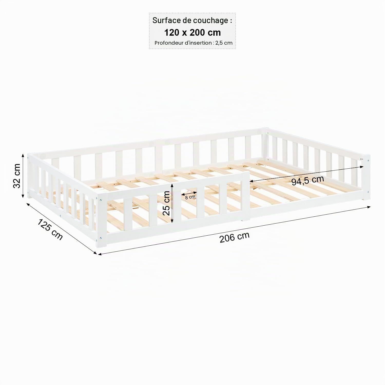Homestyle4u Lit de sol, 120 x 200 cm, blanc, Montessori, pour enfant, avec protection anti-chute, en bois, sommier à lattes