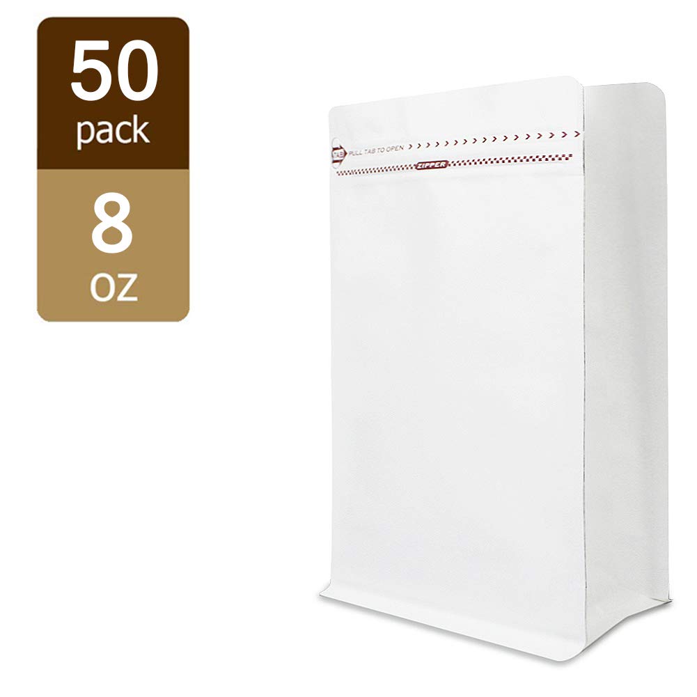 White Kraft Paper Stand up Zipper Pouches Aluminum Foil High Barrier Quad Seal Bag for Food Package (½ lb / 8oz, no valve)