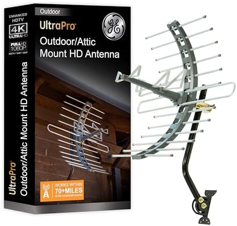 GE Outdoor HD Digital TV Antenna, Long Range Smart TV Antenna, Supports 4K 1080P HD Smart TV VHF UHF, J Mount Included for Attic or Outdoor, Weather Resistant, 29884