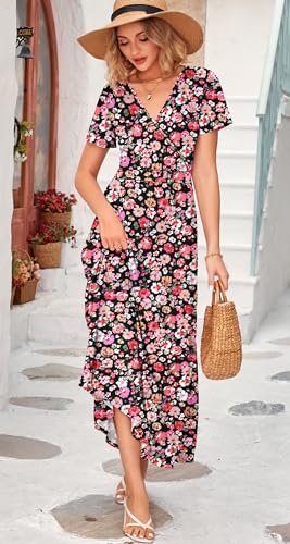 Image of WNEEDU Women's Summer Maxi Dress Short Sleeves Wrap V Neck Long Dresses with Pockets