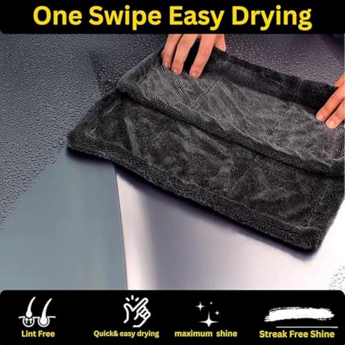 Image of 1200 GSM Microfiber Car Cleaning Cloth - Grey, Twisted Loop, Edgeless, Plush Pile Towel for Car Wash, Drying & Auto Detailing (Large 60cm x 40cm) (Black)