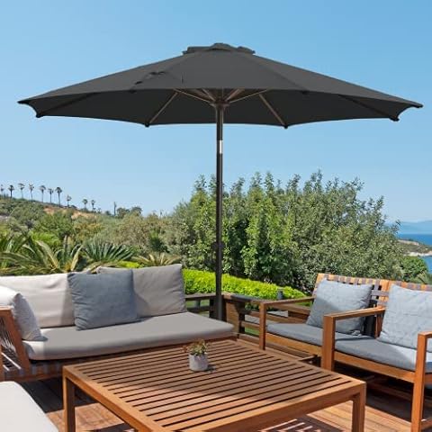 wikiwiki 9 FT Patio Umbrellas Outdoor Table Market Umbrella with Push Button Tilt/Crank, 8 Sturdy Ribs, Fade Resistant Waterproof POLYESTER DTY Canopy for Garden, Lawn, Backyard & Pool, Dark Grey Cover