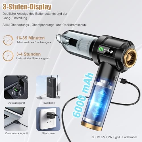 RABIGALA Handstaubsauger Akku 4-in-1, 28000PA Auto Staubsauger Stark mit Bürstenloser Motor, Handstaubsauger Kabellos, 3-Gang 250000 U/min Autostaubsauger für Auto, Küche, Haus & Tierhaar Reinigung