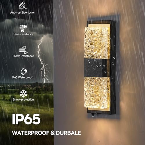 Image of 14.2 inch Dusk to Dawn Outdoor Wall Light, Black and Gold, 1-Pack | IP65 Waterproof, Crystal Modern Design, Exterior Wall Sconce, Ideal for Porch, Patio, Hallway, Backyard