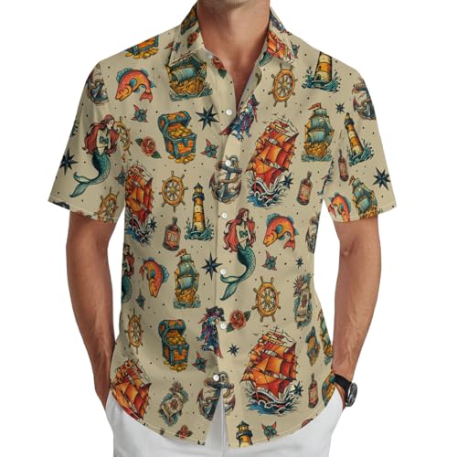 Tattoo Style Hawaiian Shirt for Men Vintage Nautical Print, Short Sleeve Button Down Beach Shirt L