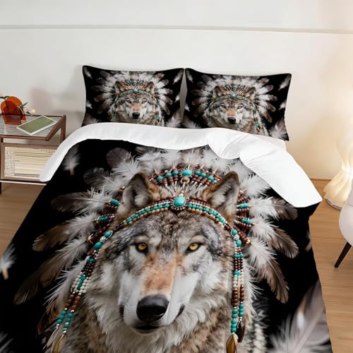 Image of 3D Wolf Comforter Set Queen Size Wildlife Animal Bedding Sets for Kids Adults Boys Girls Bedroom Black Brown Tribal Feather Quilt 1 Comforter 2 Pillowcases