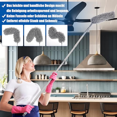 Staubwedel Teleskop Waschbar, Staubwischer Mikrofaser mit 2 Biegbare Eckbesen Spalt-Staubreiniger 1 Edelstahl Teleskopstange für Reinigung Unter Sofa Möbeln Deckenventilator Spinnweben