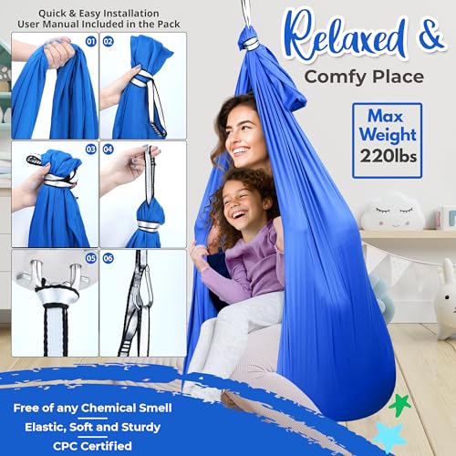 DINIC Sensory Swing for Kids Indoor and Outdoor, Sensory Hammock with Inflatable Cushion and 360° Swivel, Pod Swing for Kids and Adults Holds 180 LBS, Blue - with Additional Toys - Image 4