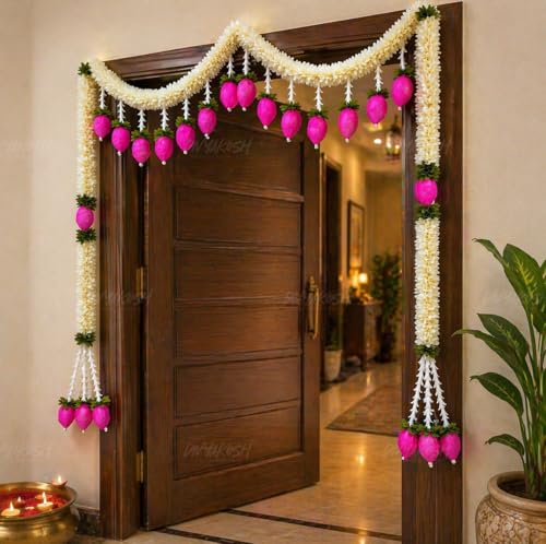 Image of Divyakosh Artificial Flower Door Toran Set, Bandarwal with Lotus Hangings (48 Inch) | Main Door Hanging Decor for Diwali, Wedding, Pooja | Indian Festive Home Entrance Decoration White Pink |