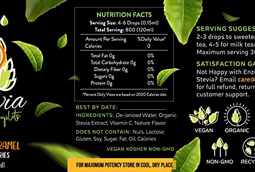 Enzo Liquid Stevia Drops Our Zero Calories Sweetener (4oz - 800 Servings/Bottle) - Toffee Caramel - All Natural flavoring with No Artificial Additives & Filler Ingredient