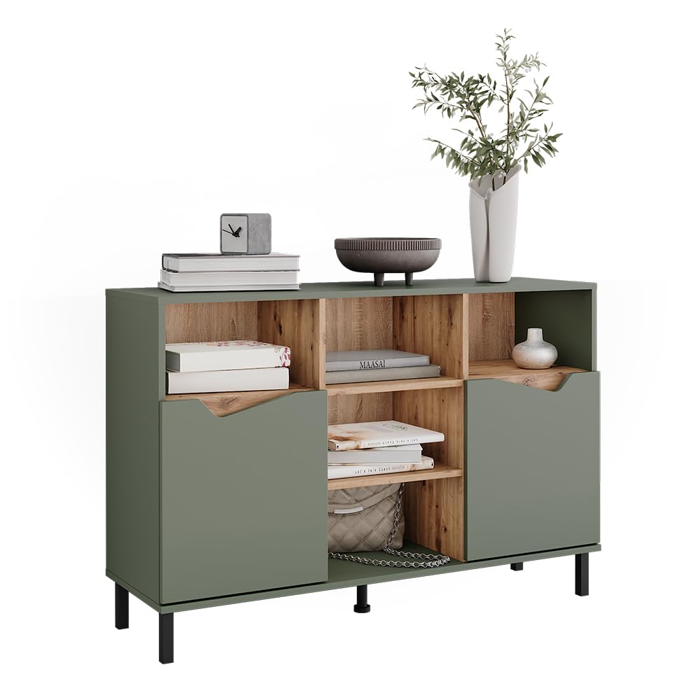 Vicco Credenza Marelle, Verde/Artigianale, 120 x 81.3 cm | con 2 porte, per la conservazione di abiti, libri o oggetti domestici