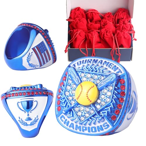 Image of 12 pcs Pack Metallic Colors Softball Tournament championhsip Trophy Ring Softball Teams Players Awards Size 9