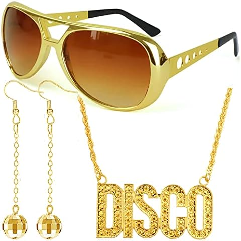 Dearlan Hip Hop Disco Accessories Costume Set 80's Hip Hop Sunglasses and Gold Disco Necklace Ball Earrings for Men Women Rapper Fancy Dress Carnival Accessories (Style 1) Cover