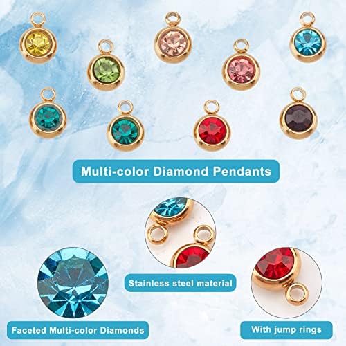 UNICRAFTALE 24Pcs 12 Colors Rhinestone Charms Flat Round Real 18K Gold Plated Birthstone Charms With Vacuum Plating 303 Stainless Steel Finding, 1.5mm Hole Dangle Charms Jewelry Making Charms