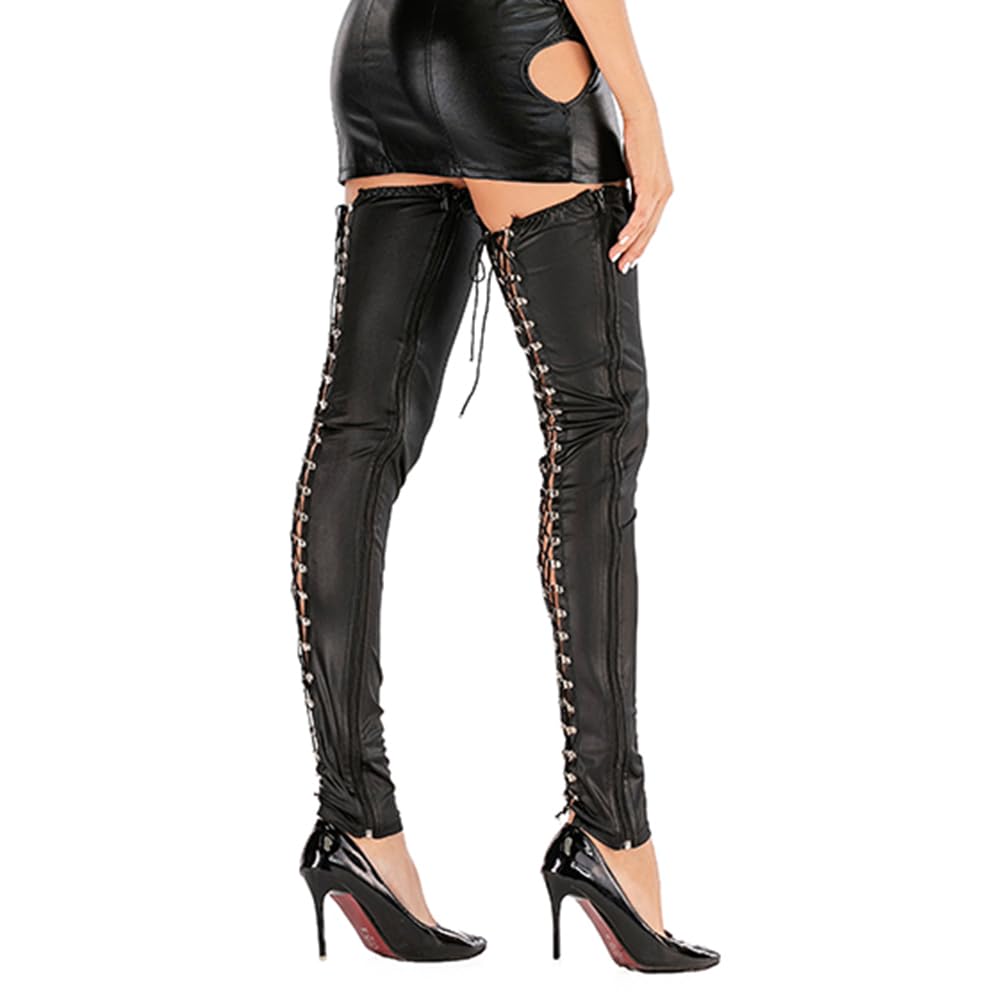 SPICYKISS Legging en cuir synthétique à lacets pour femme - Style gothique punk - Style rock-club
