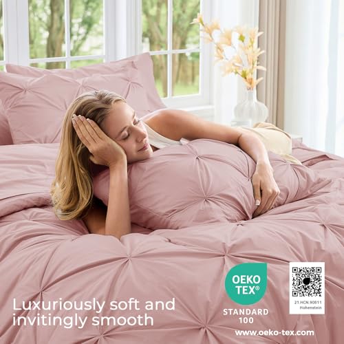 Image of Sasttie Queen Comforter Set, 7-Piece Bed in a Bag, Pintuck Bedding Sets for All Season, Includes Comforter, Flat Sheet, Fitted Sheet, Pillowcases and Pillowshams, Rose Gold