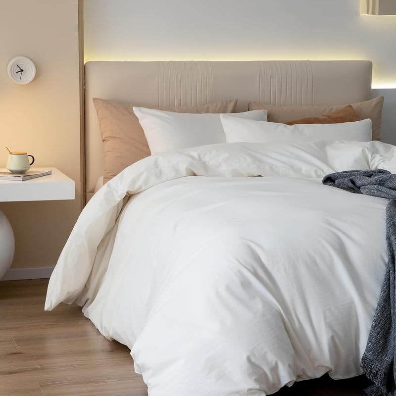 Gezu Biancheria da letto 135 x 200 cm, in cotone bianco crema, 2 pezzi, con certificazione Oeko-TEX®, morbida, copripiumino da 135 x 200 cm e federe da 80 x 80 cm, con chiusura lampo