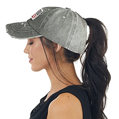 Distressed Ponytail Hat For Women American-Flag Pony Tail Caps High Bun Grey #TOP5