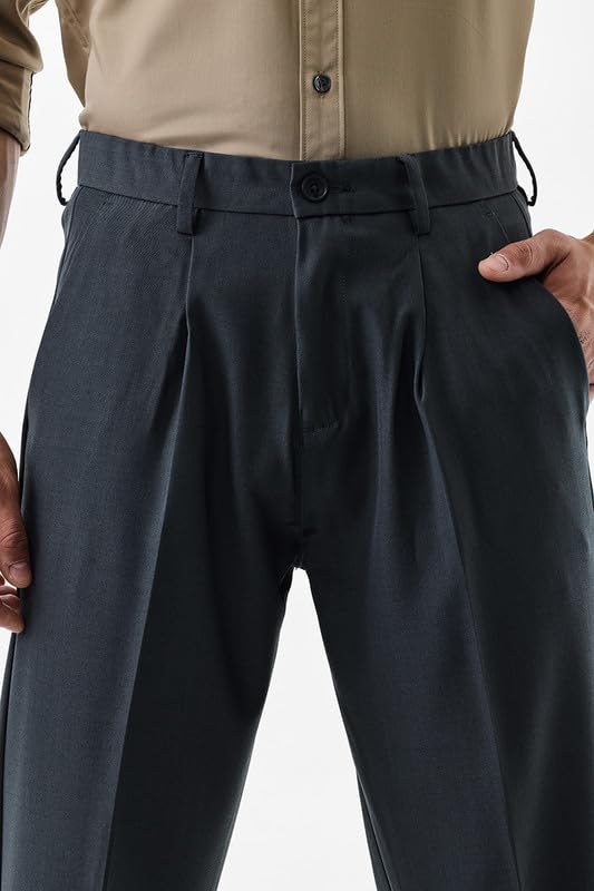 Image of SNITCH Men Formal Trousers | Regular Fit Pleated Front with Turned-Up Hem | Polyester Blend & Medium Stretch Fabric for Office & Winter Wear