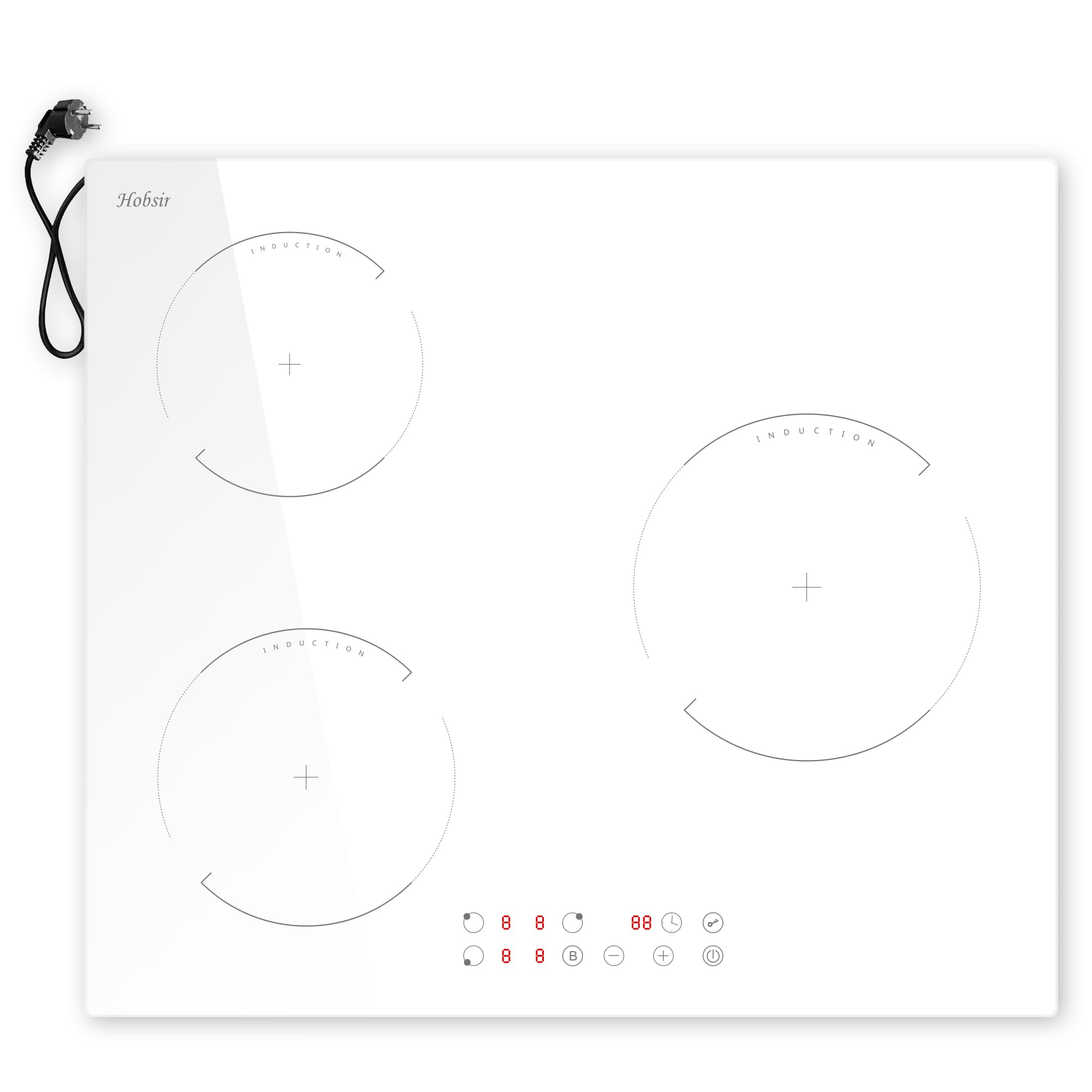 Hobsir Placa Inducción 3 Fuegos Blanco Con Enchufe, Integrada 3 Zonas 60cm, Placa Autosuficiente, 3500w, Función Boost, Manejo Táctil, 9 Niveles De Potencia, Bloqueo De Seguridad, Temporizador, 230V