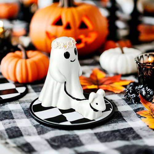 Qnynnty Geister Statue Mit Hund Halloween Geister Figurine Niedlicher Ghost Walking Dog Ornament für Garten und Haus, Lustige Geister Hund Statue für Halloween Hof Deko