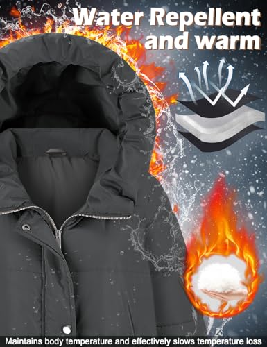 Tuopuda Wintermäntel Damen Lang Steppmantel Winter Daunenmantel Warm Jacke Mantel Daunenjacke Steppjacke mit Kapuze und Reißverschluss, Dunkelgrau, XL