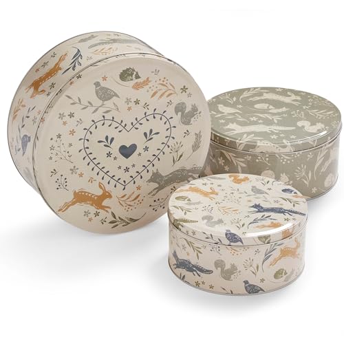 Cooksmart England Set of 3 Cake Storage Tins | Cake Tin/Biscuit Tin Available as Square Storage Tin or as Round Storage Tin (Woodland)