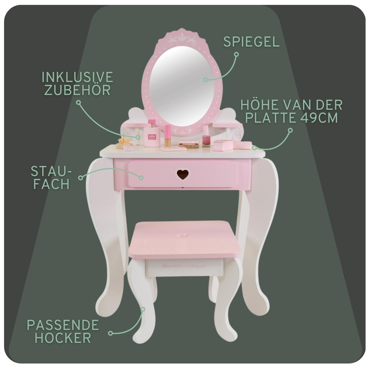 Bandits & Angels Kinderschminktisch Julia Weiß Rosa mit Spiegel für Mädchen ab 3 Jahren - Schminktisch aus Holz - Schminktisch inklusive Hocker - Für Kinder