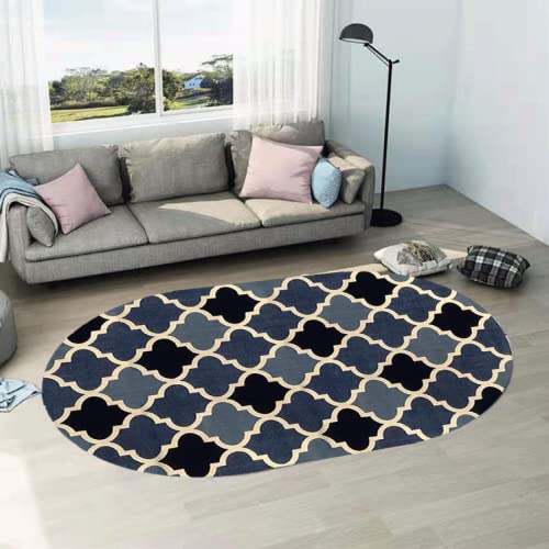 Design Moderne Ovale Tapis, Doux Lavable Durable Grande Tapis Déco Salon Chambre Maison Tapis, Treillis Losange géométrique Bleu Noir, 60 x 90 cm Cover