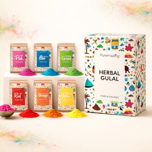 Puremazing by Imvelo Holi Colours | 80 Grams, Pack of 6 | All in One Holi Colour | Herbal Gulal with Natural Food Ingredients and Flower Petals | Scented Holi Colors | Skin Friendly, Organic