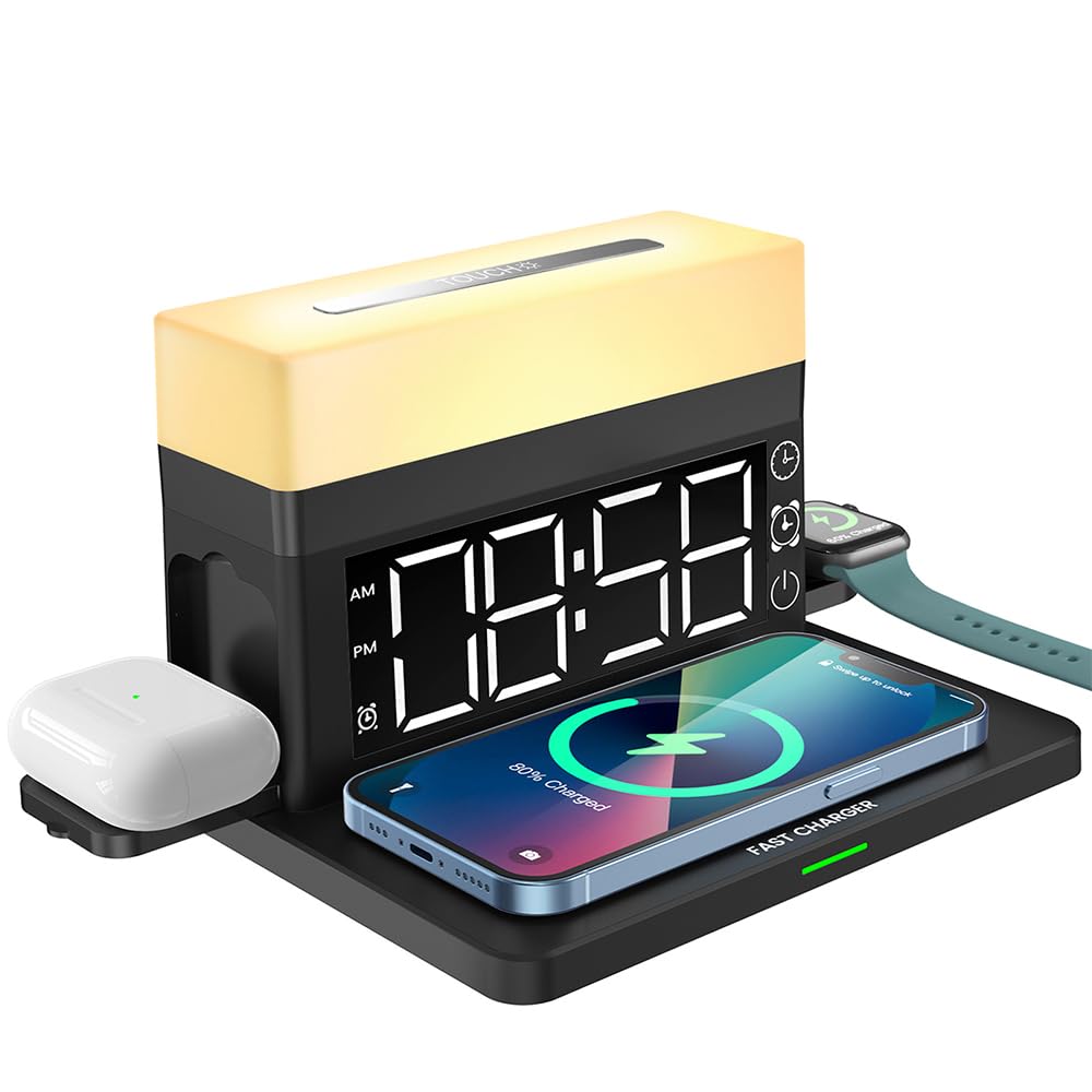 IHAO 6in1 Smart Alarm Clock with Wireless Charger RGB Mood Light 15W Fast Wireless Charging for All Qi Phone TWS Headphone Compliant with i-Watch 7 Color Night Light Large Digital Display-Black