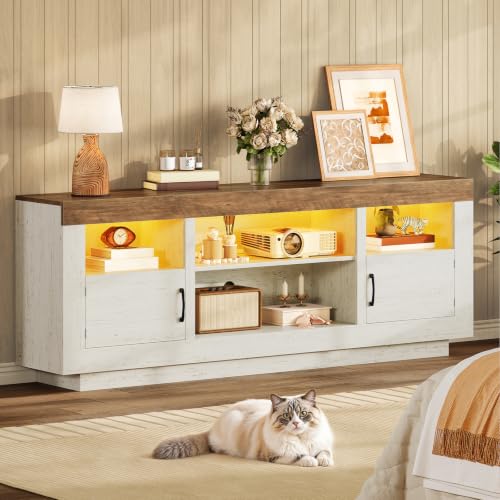 Image of TEENFON TV Stand for 75 inch TV, Entertainment Center with LED Lights & Adjustble Shelves, TV Console, 27.6 inch H Media Console with Open Storage & Side Cabinets, TV Stands for Living Room, Cloud White