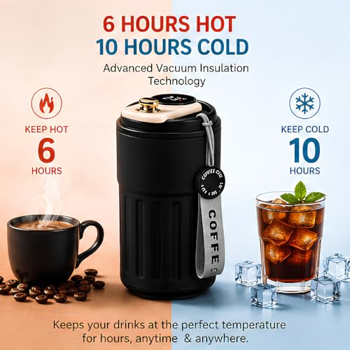 Image of Insulated Coffee Travel Mug with Smart LED Temperature Display - 460ml Vacuum Insulated 316 Stainless Steel Thermos Flask - Leakproof Reusable Tea & Water Bottle for Office, Car & Outdoor