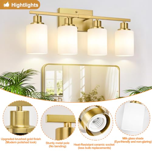 Image of Indoi 4-Light Bathroom Light Fixtures, Brushed Gold Modern Vanity Lights with Milky White Shades, Bathroom Wall Lamp for Mirror Living Room Cabinet Bedroom Porch
