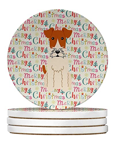 Caroline's Treasures Merry Christmas Wire Fox Terrier Large Sandstone Coasters Pack of 4 Absorbent Round Coasters Decor Gifts for Men or Women, 4 in, Multicolor