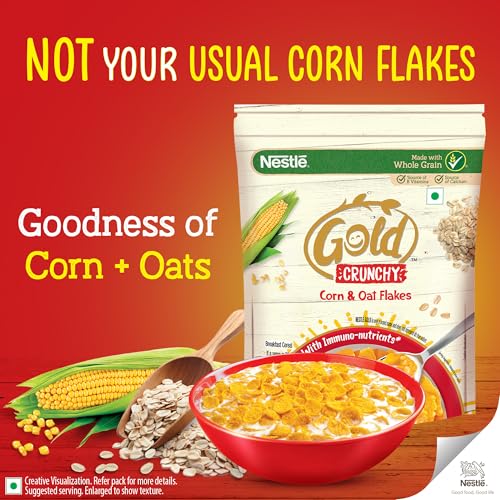 Image of Nestle Gold Crunchy Corn & Oat Flakes - Breakfast Cereal With Immuno-Nutrients|Made With Whole Grains & The Goodness Of B Vitamins, Calcium & Vitamin D, 475g, Bag-In-Box Pack (Pack of 2)