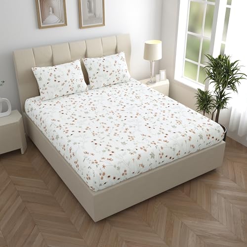 Image of LINENWALAS 100% Cotton Fitted Bed Sheet for Super King Size Bed, Printed All Around Elastic Bedsheet (78 x 78 Inches) with 2 Pillow Covers | 210 TC Soft, Breathable, Luxury Bedsheet (Crimson Flower)