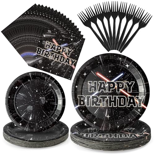 BOpusail 96Pcs Galaxy Movie Star Party Tableware Set Party Supplies for Kids Birthday School Science Fiction Theme Serves 24 Guests Disposable Dinnerware Paper Dessert Dinner Plates Napkins Forks
