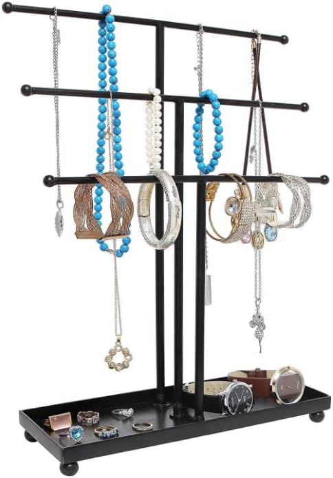 NA Modern Metal 3 Tier Table Top Bracelet & Necklace Jewelry Organizer Display Tree Rack, Hanging Jewelry Holder/Earrings Ring Tray