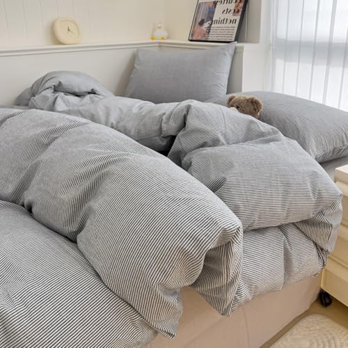 Image of VM VOUGEMARKET Washed Cotton Grey Striped Duvet Cover Set King,Pinstripes Duvet Cover with 2 Pillowcases Modern Simple Farmhouse Style Bedding Set-Vertical Stripes
